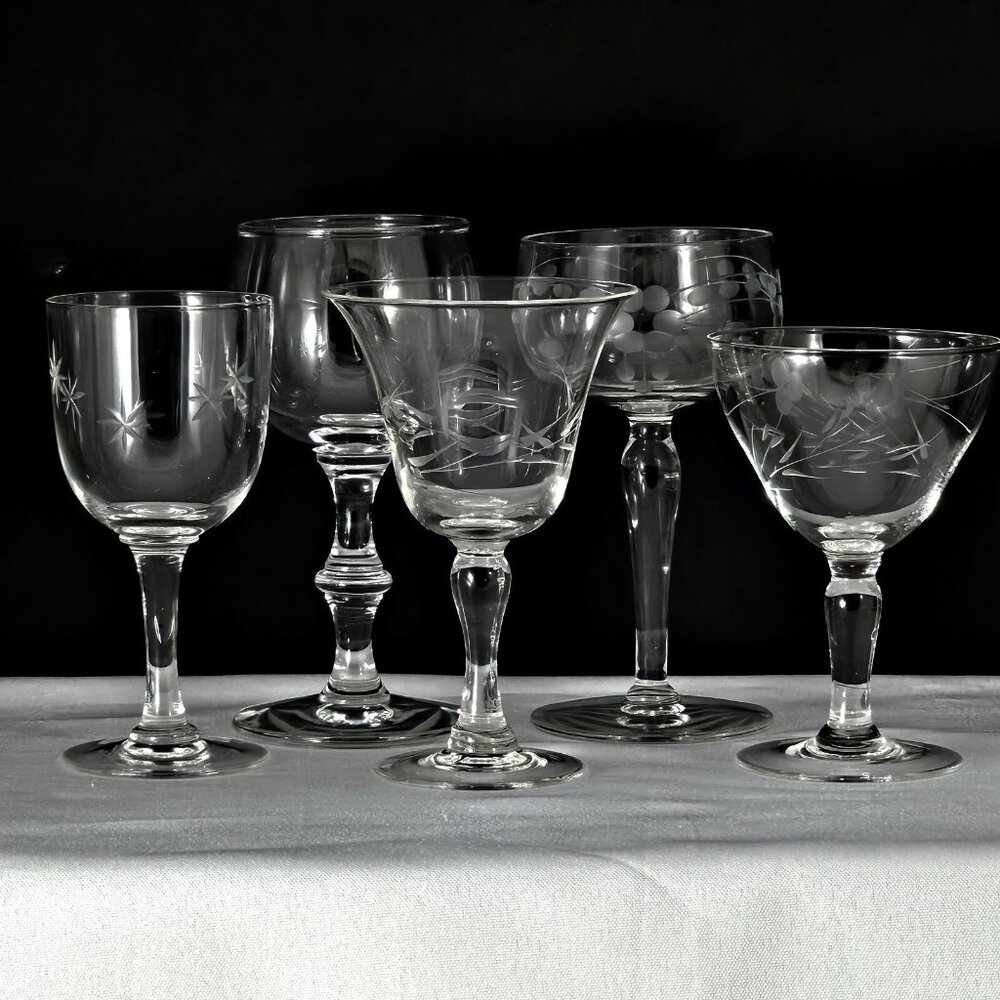 5 Mismatched Vintage Cocktail Glasses Etched Floral Romancic mixed drinks party